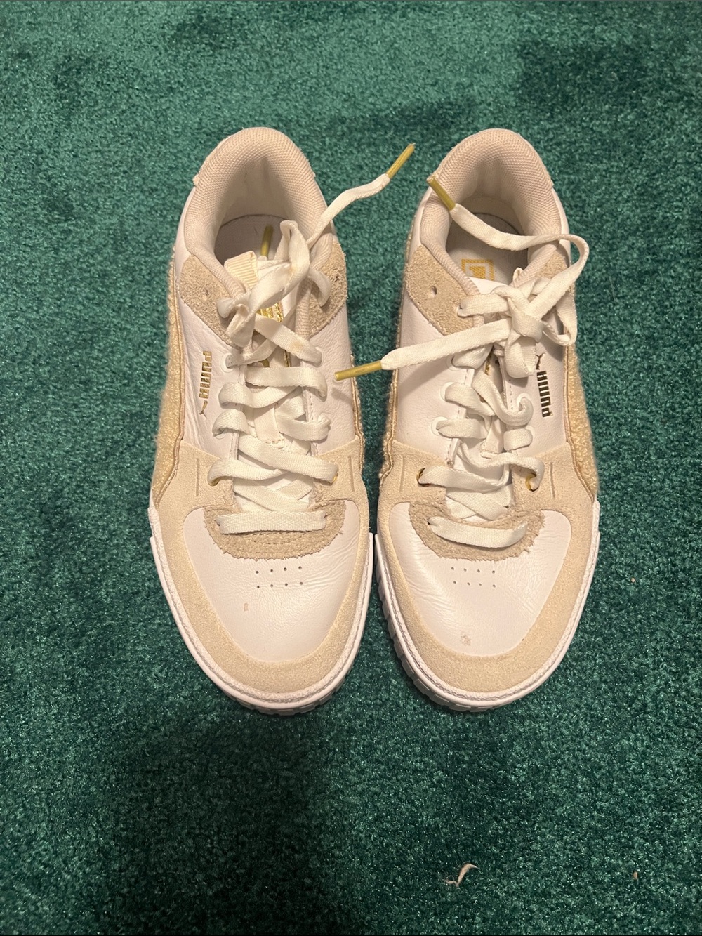 Puma Cream & Beige Lace-Up Low-Top Sneakers with Gold Accents